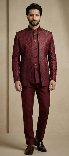 Red and Maroon color Jodhpuri Suit in Jacquard fabric with Weaving work