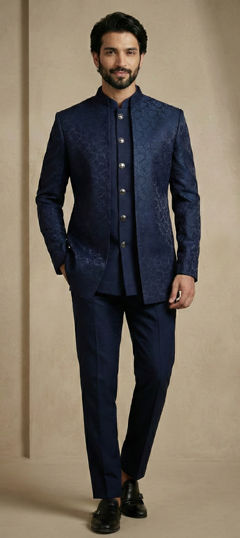 Blue color Jodhpuri Suit in Jacquard fabric with Weaving work