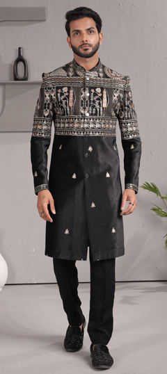 Black and Grey color IndoWestern Dress in Velvet fabric with Embroidered, Thread work