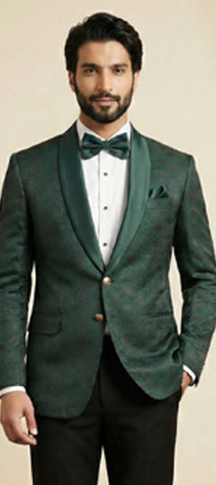 Green color Blazer in Jacquard, Satin fabric with Weaving work