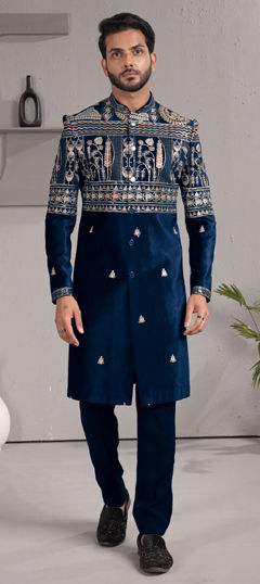 Blue color IndoWestern Dress in Silk fabric with Embroidered, Thread work