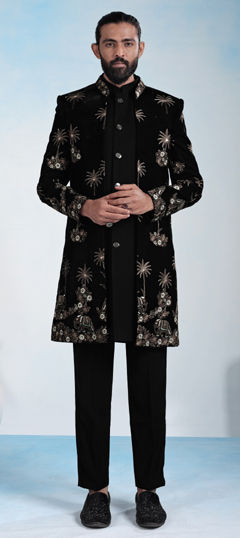 Black and Grey color IndoWestern Dress in Velvet fabric with Embroidered, Sequence, Thread work