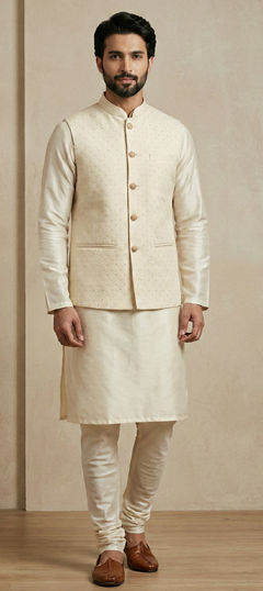 White and Off White color Kurta Pyjama with Jacket in Banarasi Silk, Dupion Silk fabric with Weaving work