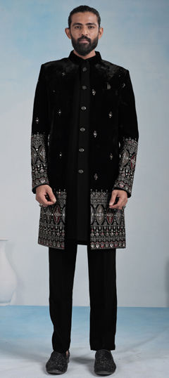 Black and Grey color IndoWestern Dress in Velvet fabric with Embroidered, Thread work