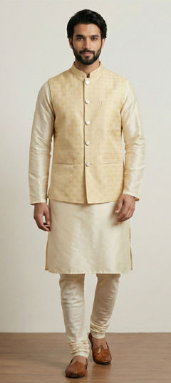Gold color Kurta Pyjama with Jacket in Banarasi Silk, Dupion Silk fabric with Weaving work