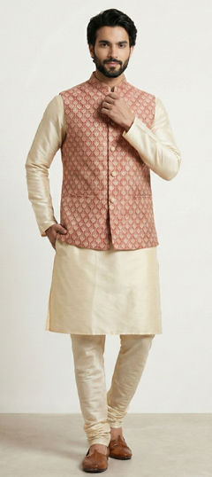 Gold color Kurta Pyjama with Jacket in Banarasi Silk, Dupion Silk fabric with Weaving work