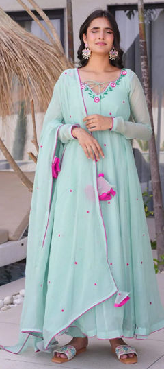 Blue color Salwar Kameez in Georgette fabric with Embroidered, Thread work
