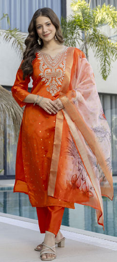 Orange color Salwar Kameez in Jacquard fabric with Embroidered, Thread work