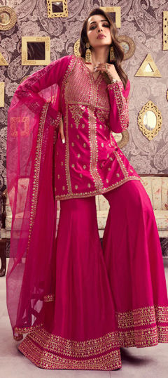 Pink and Majenta color Salwar Kameez in Chanderi Silk fabric with Embroidered, Sequence, Thread work