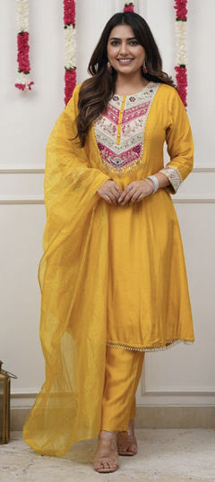 Yellow color Salwar Kameez in Chanderi Silk fabric with Embroidered, Thread work