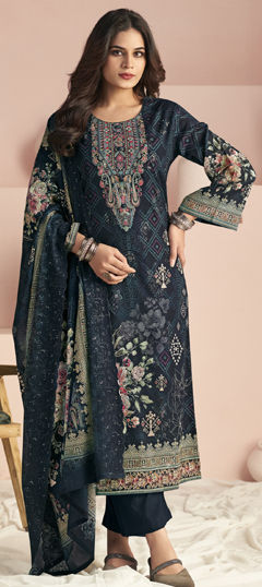 Blue color Salwar Kameez in Cotton, Lawn fabric with Digital Print, Floral, Resham, Thread work