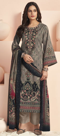 Black and Grey color Salwar Kameez in Cotton, Lawn fabric with Digital Print, Floral, Resham, Thread work