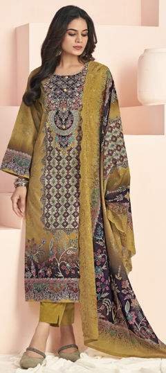 Yellow color Salwar Kameez in Cotton, Lawn fabric with Digital Print, Floral, Resham, Thread work
