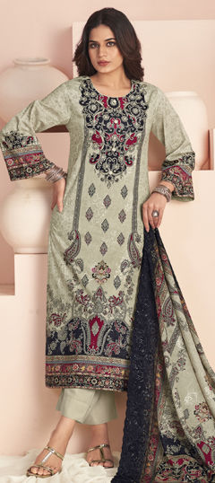 White and Off White color Salwar Kameez in Cotton, Lawn fabric with Digital Print, Floral, Resham, Thread work