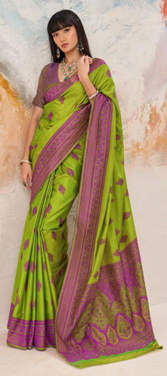 Green color Saree in Kanjeevaram Silk fabric with Weaving work