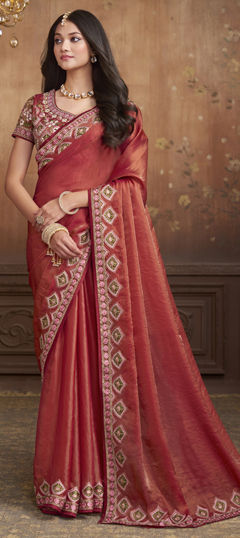 Red and Maroon color Saree in Silk fabric with Bugle Beads, Embroidered, Resham, Thread work