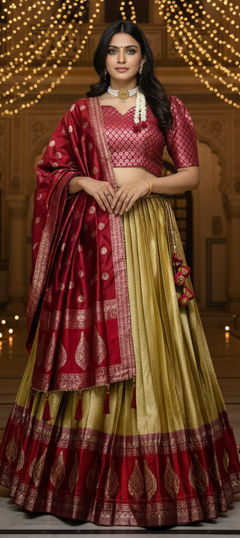 Gold color Lehenga in Kanchipuram Silk fabric with Weaving, Zari work