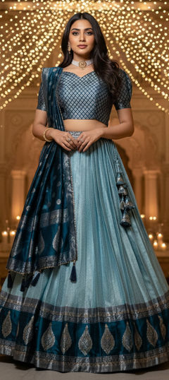Blue color Lehenga in Kanchipuram Silk fabric with Weaving, Zari work