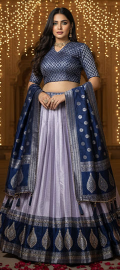 Purple and Violet color Lehenga in Kanchipuram Silk fabric with Weaving, Zari work