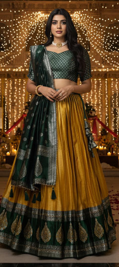 Gold color Lehenga in Kanchipuram Silk fabric with Weaving, Zari work