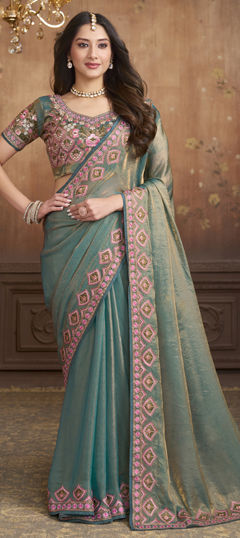 Blue color Saree in Silk fabric with Bugle Beads, Embroidered, Resham, Thread work