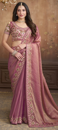 Pink and Majenta color Saree in Silk fabric with Bugle Beads, Embroidered, Resham, Thread work