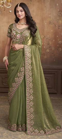 Green color Saree in Silk fabric with Bugle Beads, Embroidered, Resham, Thread work