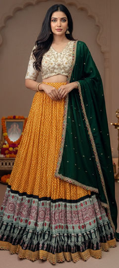 Black and Grey, Yellow color Lehenga in Rayon fabric with Bandhej, Embroidered, Lace, Sequence, Thread work