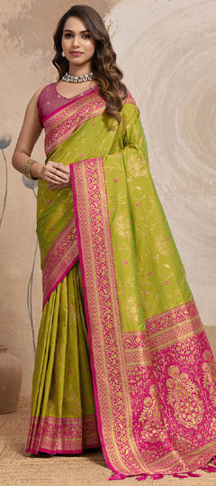 Green color Saree in Banarasi Silk fabric with Weaving, Zari work