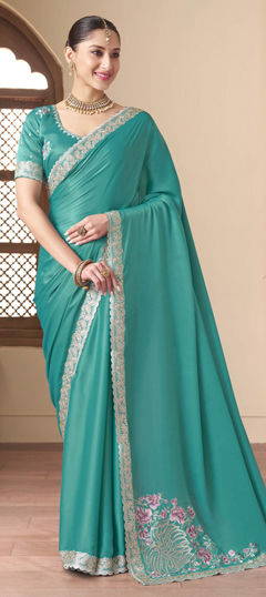 Blue color Saree in Silk fabric with Embroidered, Sequence, Thread, Zari work