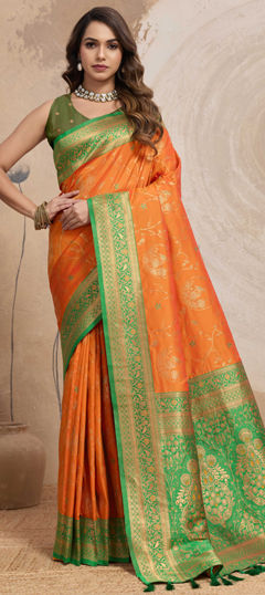 Orange color Saree in Banarasi Silk fabric with Weaving, Zari work