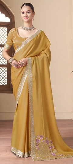 Yellow color Saree in Silk fabric with Embroidered, Sequence, Thread, Zari work
