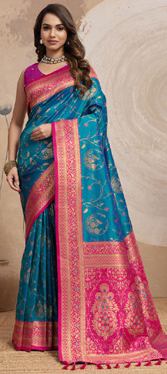 Green color Saree in Banarasi Silk fabric with Weaving, Zari work