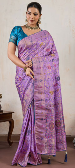 Purple and Violet color Saree in Satin Silk fabric with Printed, Weaving work