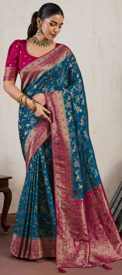 Blue color Saree in Satin Silk fabric with Printed, Weaving work