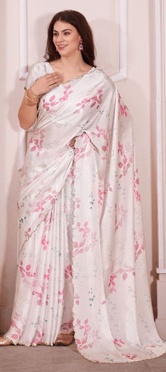 White and Off White color Saree in Satin Silk fabric with Digital Print, Floral, Printed, Zircon work