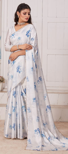 White and Off White color Saree in Satin Silk fabric with Digital Print, Floral, Printed, Zircon work