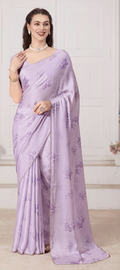 Purple and Violet color Saree in Satin Silk fabric with Digital Print, Floral, Printed, Zircon work
