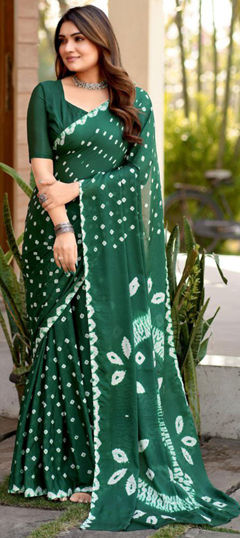 Green color Saree in Chinon Silk fabric with Bandhej, Printed work