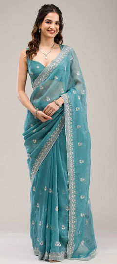 Green color Saree in Chiffon fabric with Embroidered, Stone, Thread, Zari work