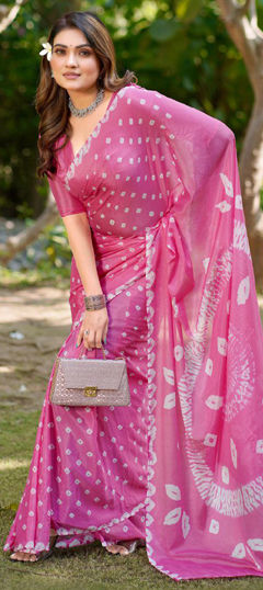 Pink and Majenta color Saree in Chinon Silk fabric with Bandhej, Printed work