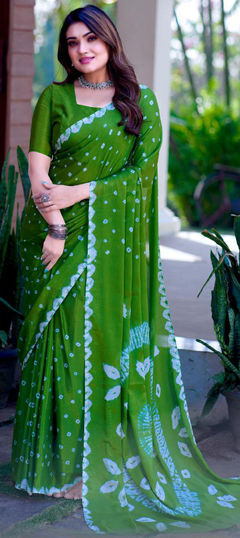 Green color Saree in Chinon Silk fabric with Bandhej, Printed work