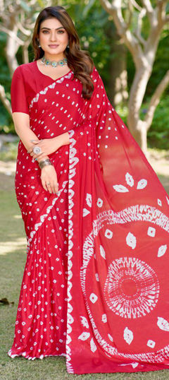 Red and Maroon color Saree in Chinon Silk fabric with Bandhej, Printed work