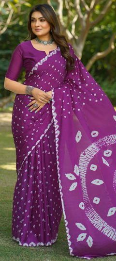 Purple and Violet color Saree in Chinon Silk fabric with Bandhej, Printed work