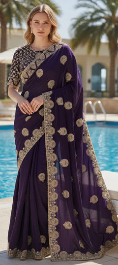Blue color Saree in Satin Silk fabric with Embroidered, Thread, Zari work
