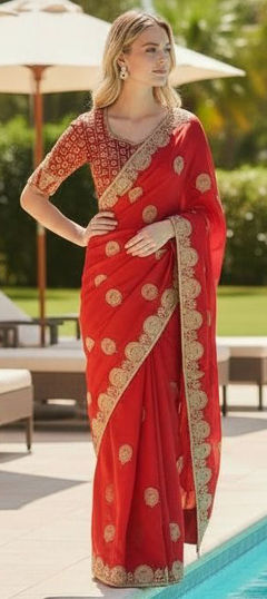 Red and Maroon color Saree in Satin Silk fabric with Embroidered, Thread, Zari work