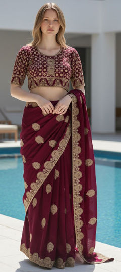 Red and Maroon color Saree in Satin Silk fabric with Embroidered, Thread, Zari work