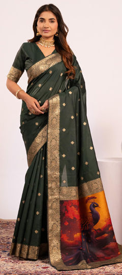 Green color Saree in Banarasi Silk fabric with Resham, Weaving, Zari work