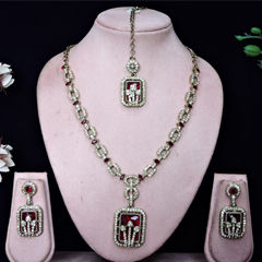 Gold Rodium Polish Red and Maroon color Necklace in Metal Alloy studded with CZ Diamond