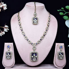 Gold Rodium Polish Blue color Necklace in Metal Alloy studded with CZ Diamond